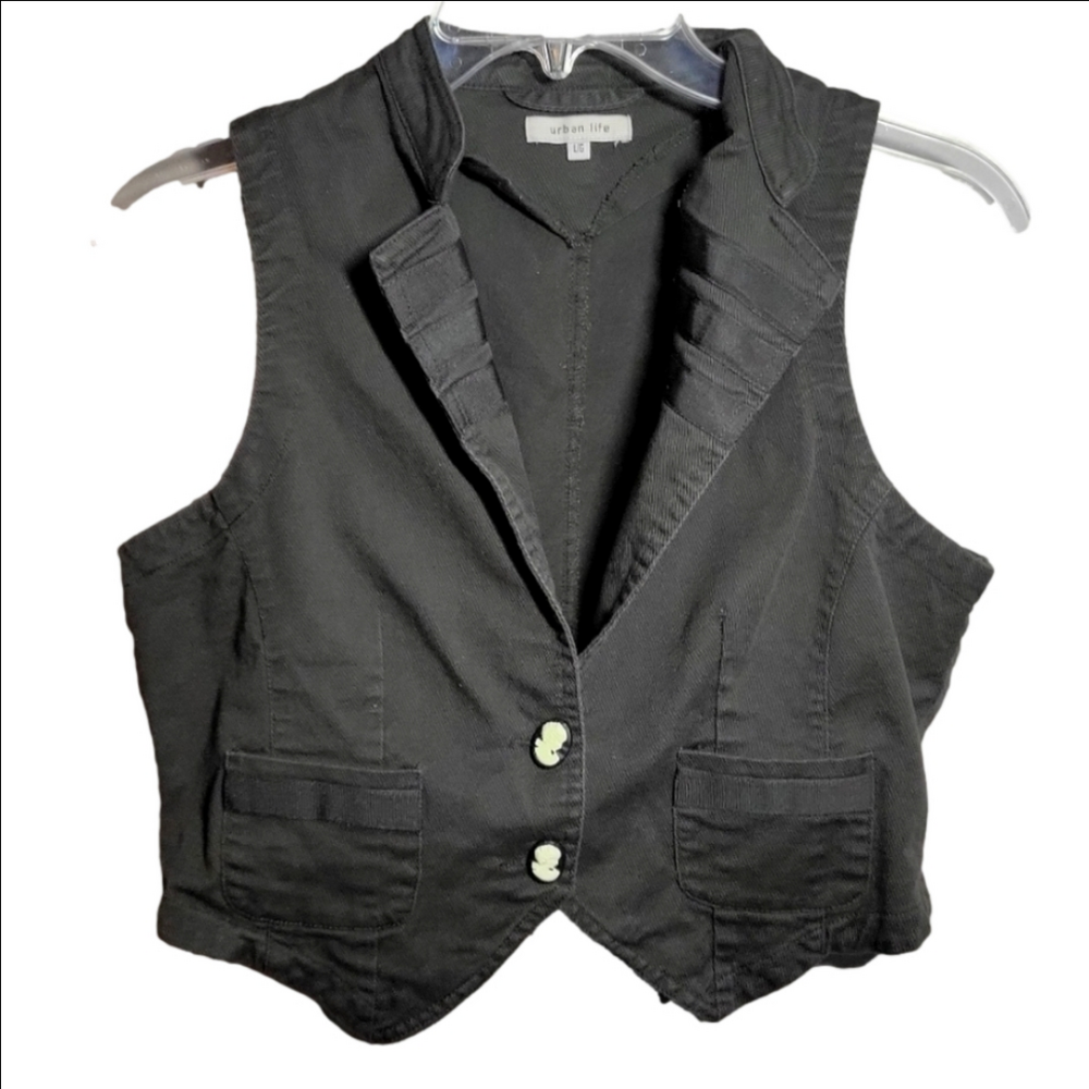 Urban life large cropped vest Victorian style cameo button darted cotton olive